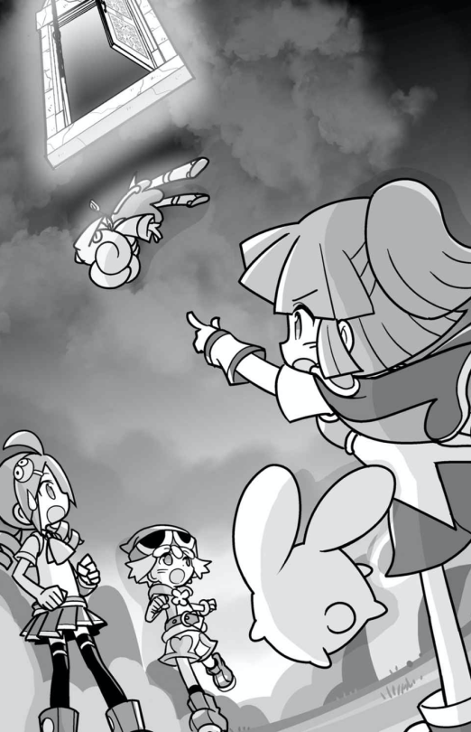 A black and white drawing of Ally, Amitie, Arle. Carbuncle, and Ringo. Ally is floating in midair beneath a floating pair of doors while the other 4 are looking up at her from the ground.