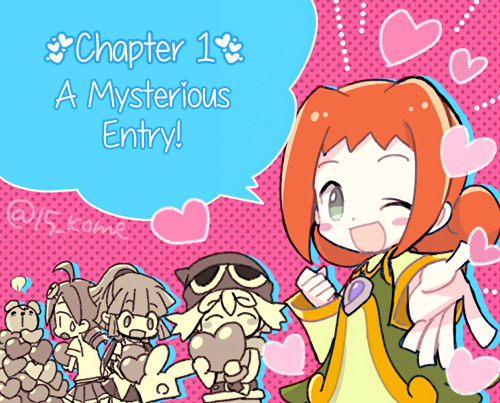 A drawing of Ally, Amitie, Arle, Carbuncle, Ringo, and Risukuma by Puyo Puyo novel artist 15_kome.