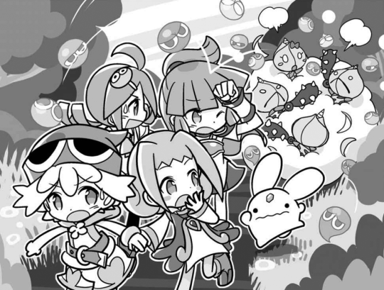 A black and white drawing of Amitie, Ally, Ringo, Arle, and Carbuncle fleeing from a mob of fighting Onion Pixies.