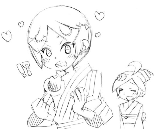 A drawing by Utako Yoshino of Tee and Ringo dressed in yukata. Tee is eating a mizu manjuu, a Japanese sweet.