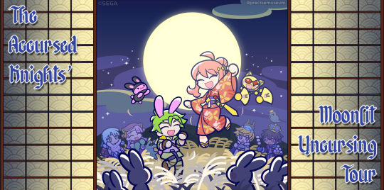 Artwork of the Accursed knights from Puyo Puyo!! Quest. Friede and Mappela are dancing in a field with their curse spirits surrounded by rabbits while Eldur, Mappela, Crowlas, and Wacht watch from afar.