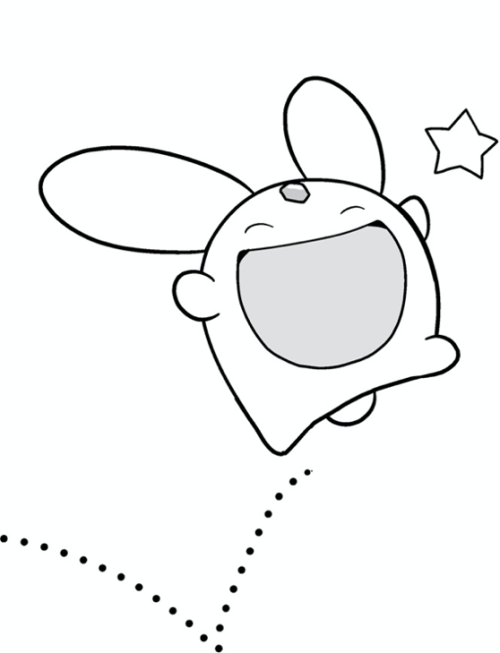 A black and white drawing of Carbuncle bouncing along.