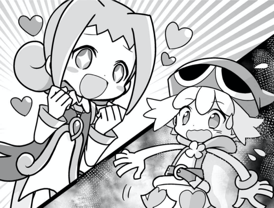 An illustration of Amitie and Ally. Ally is looking excitedly with a wide smile and sparkling eyes while Amitie looks taken aback.